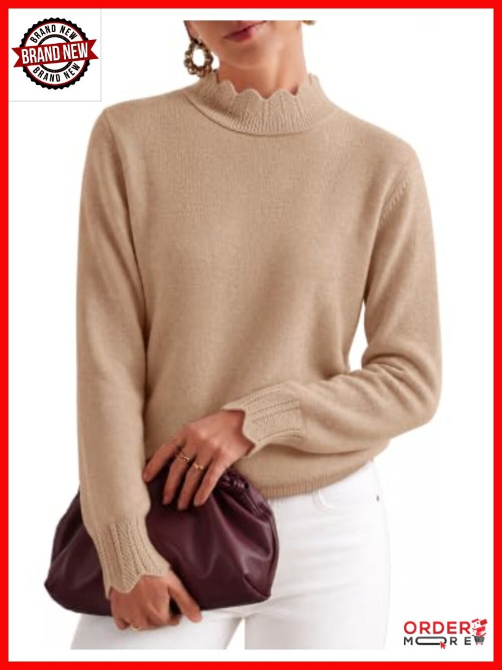 Scalloped Mock Neck Puff Sleeve Pullover Sweater for Women